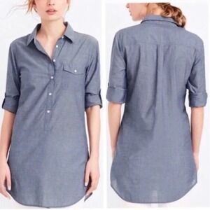 J CREW L Womens Chambray Blue Popover Tunic Top Cotton Roll-Tab Sleeves Coastal